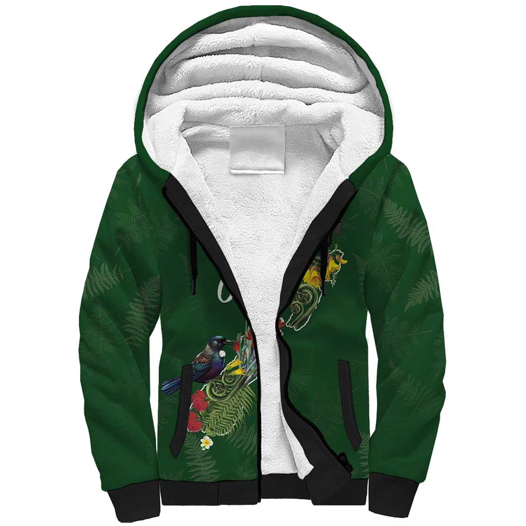 Kia Ora New Zealand Floral Personalized Sherpa Hoodie Sage Green - Polynesian Pride
