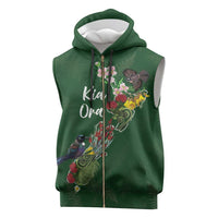 Kia Ora New Zealand Floral Personalized Sleeveless Zip Hoodie Sage Green - Polynesian Pride