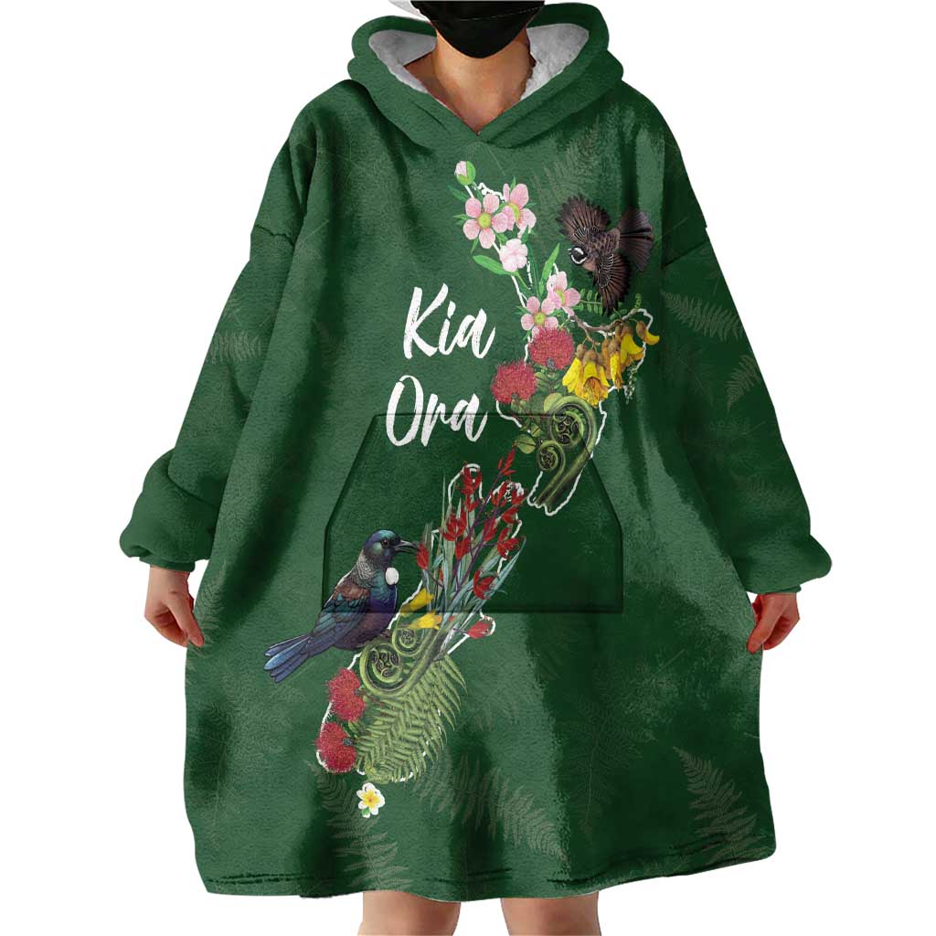 Kia Ora New Zealand Floral Personalized Wearable Blanket Hoodie Sage Green - Polynesian Pride