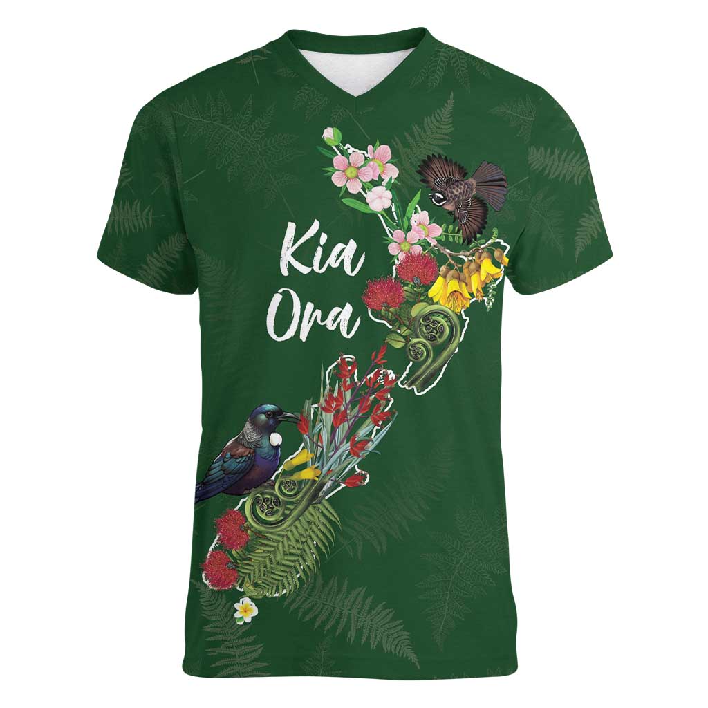 Kia Ora New Zealand Floral Personalized Women V-Neck T-Shirt Sage Green - Polynesian Pride