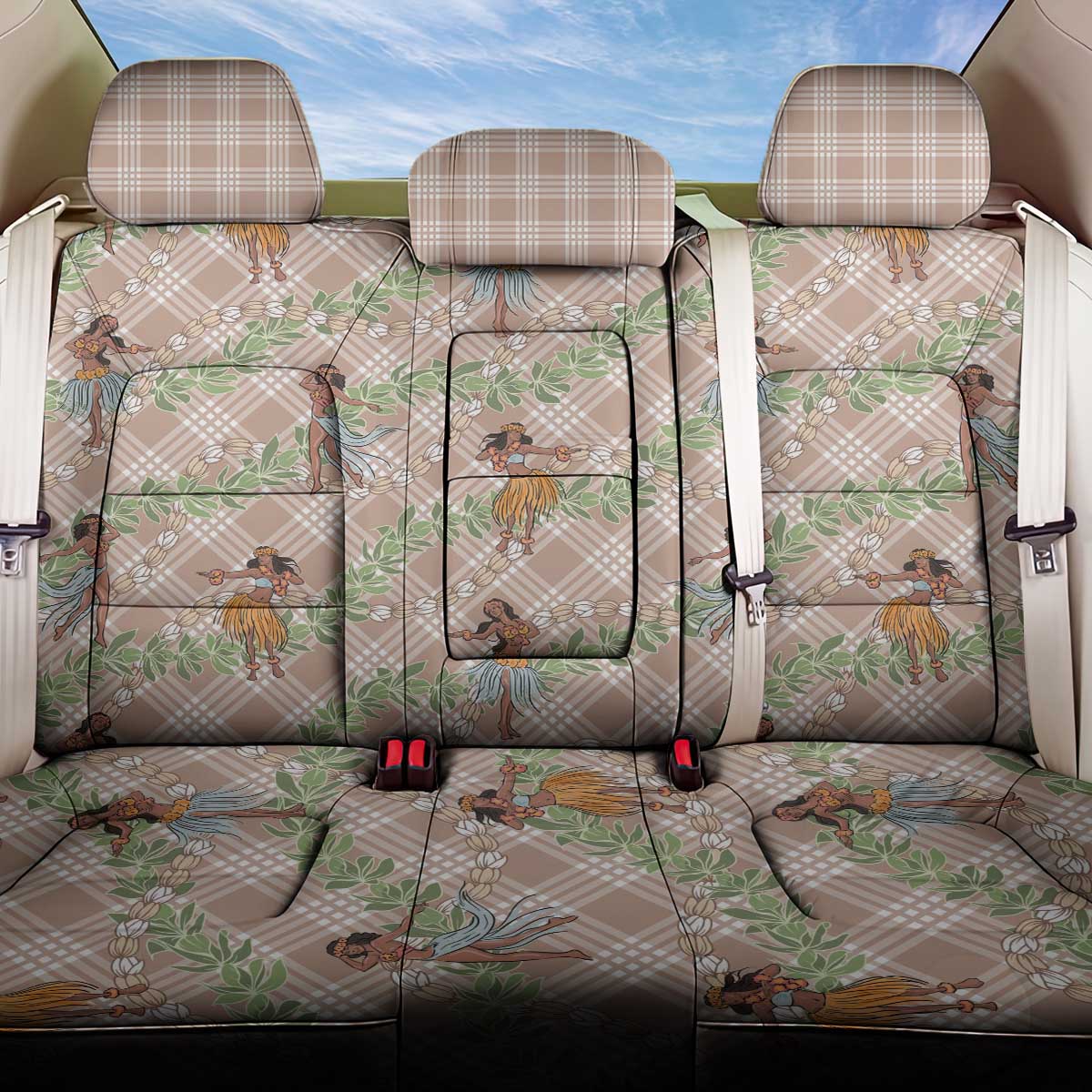Beige Palaka Hula Girls Seamless Hawaii Aloha Back Car Seat Cover - Polynesian Pride