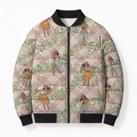 Beige Palaka Hula Girls Seamless Hawaii Aloha Bomber Puffer Jacket - Polynesian Pride