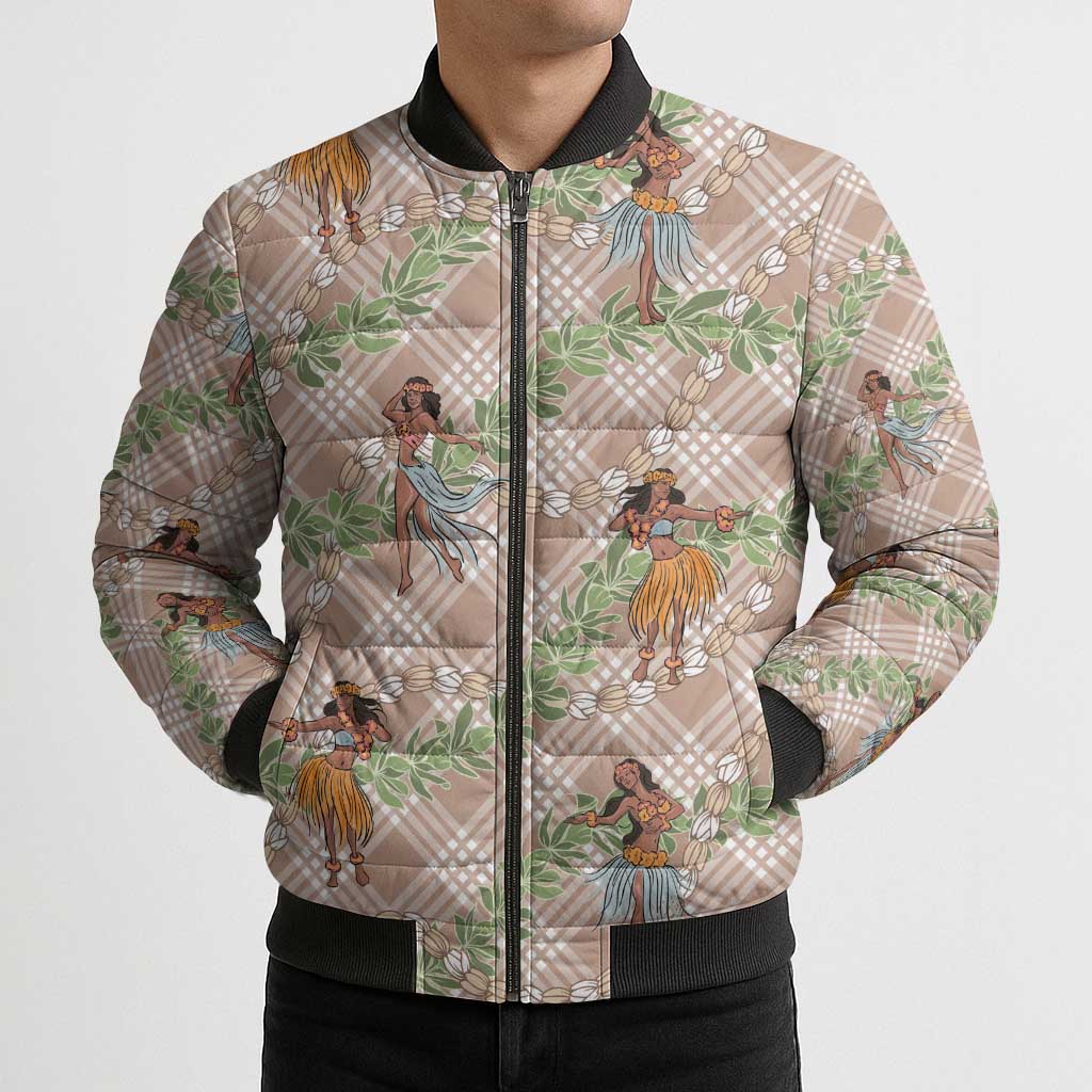 Beige Palaka Hula Girls Seamless Hawaii Aloha Bomber Puffer Jacket - Polynesian Pride
