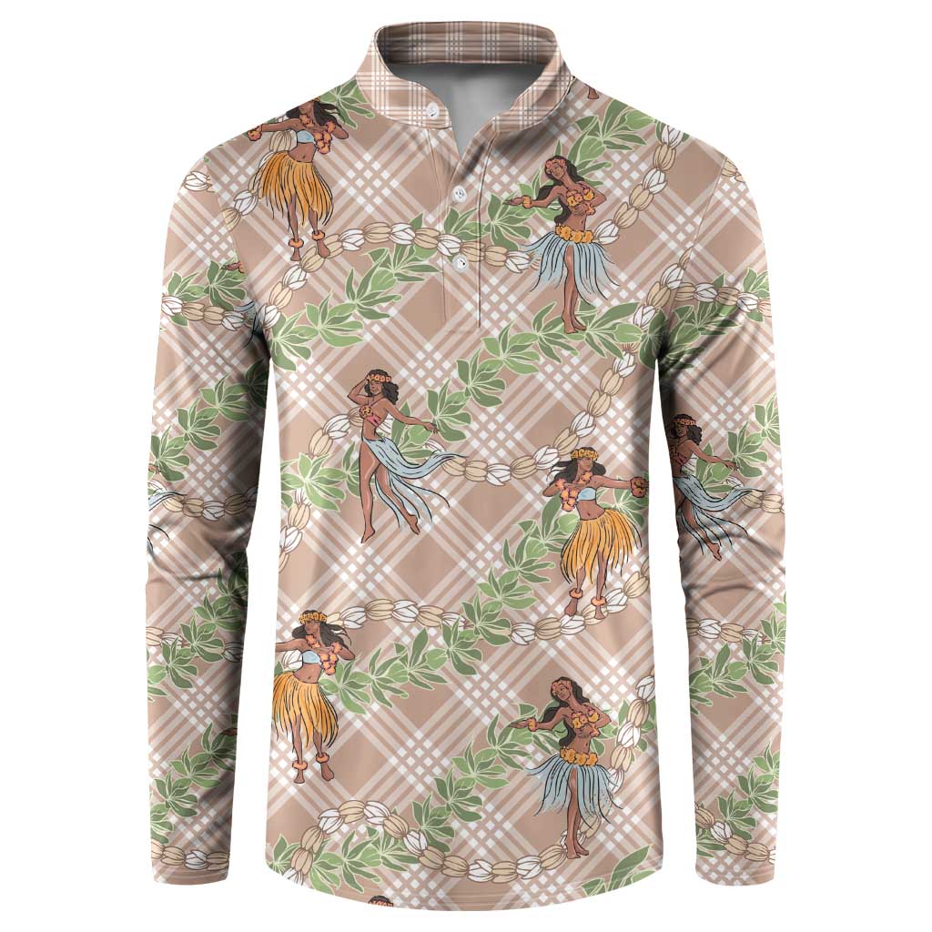 Beige Palaka Hula Girls Seamless Hawaii Aloha Button Sweatshirt - Polynesian Pride