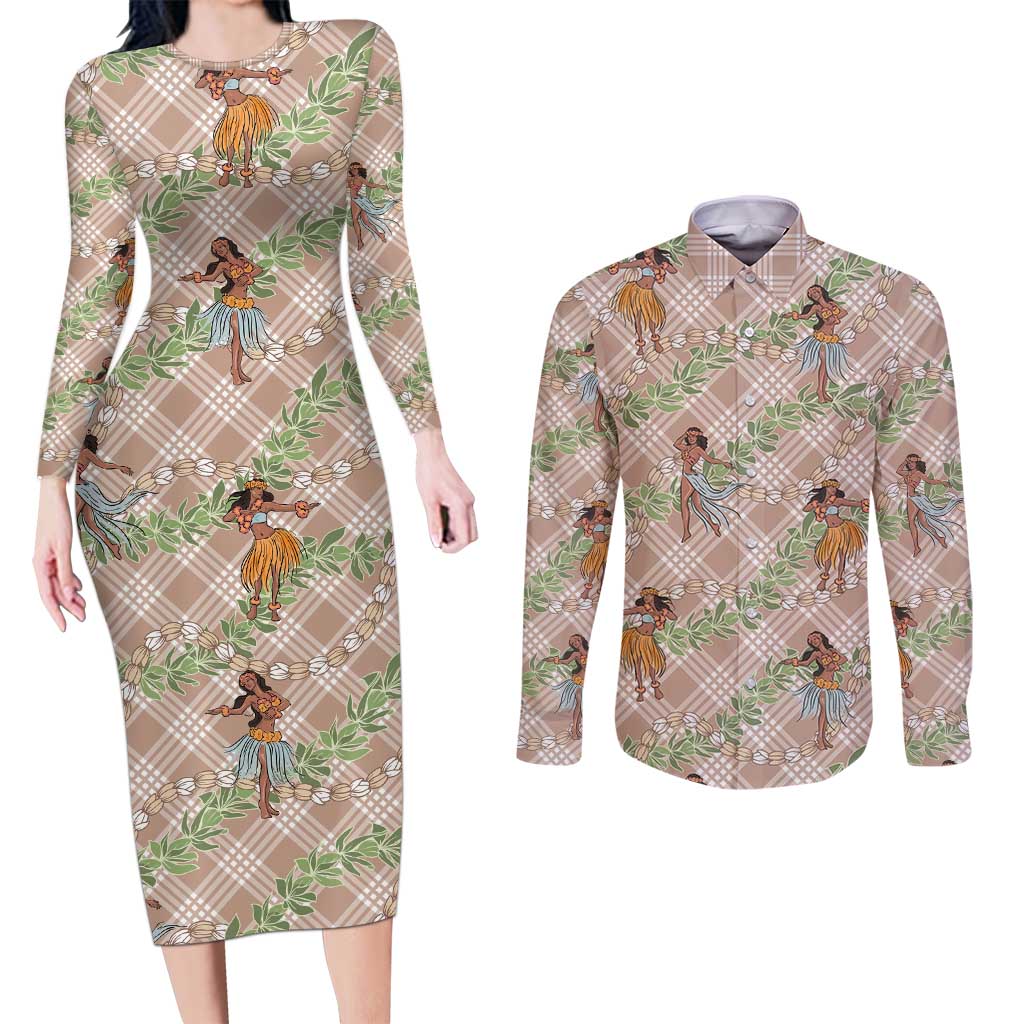 Beige Palaka Hula Girls Seamless Hawaii Aloha Couples Matching Long Sleeve Bodycon Dress and Long Sleeve Button Shirt - Polynesian Pride