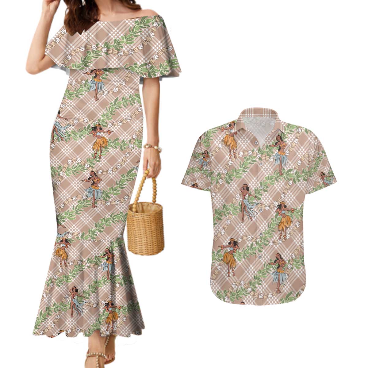 Beige Palaka Hula Girls Seamless Hawaii Aloha Couples Matching Mermaid Dress and Hawaiian Shirt - Polynesian Pride