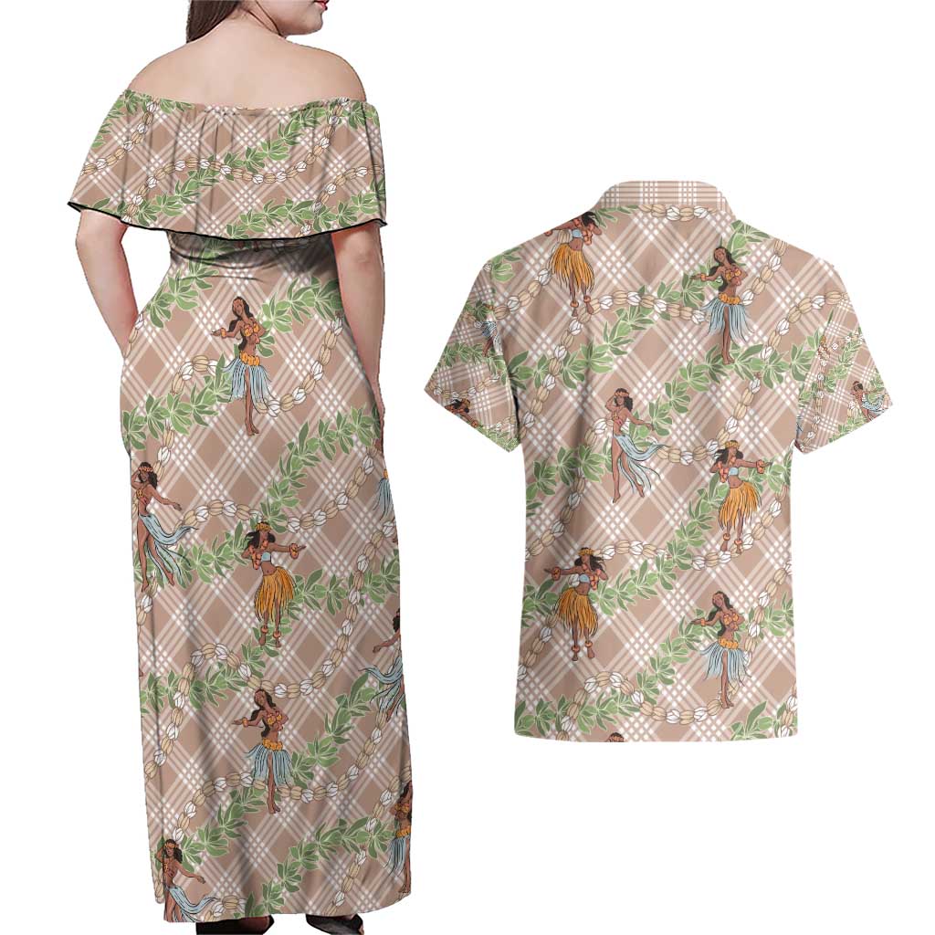 Beige Palaka Hula Girls Seamless Hawaii Aloha Couples Matching Off Shoulder Maxi Dress and Hawaiian Shirt - Polynesian Pride