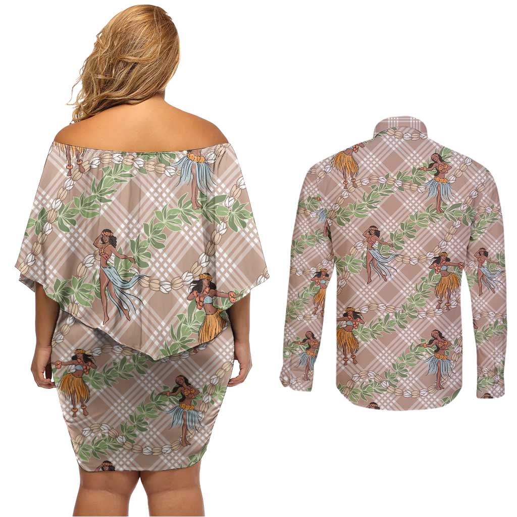 Beige Palaka Hula Girls Seamless Hawaii Aloha Couples Matching Off Shoulder Short Dress and Long Sleeve Button Shirt - Polynesian Pride