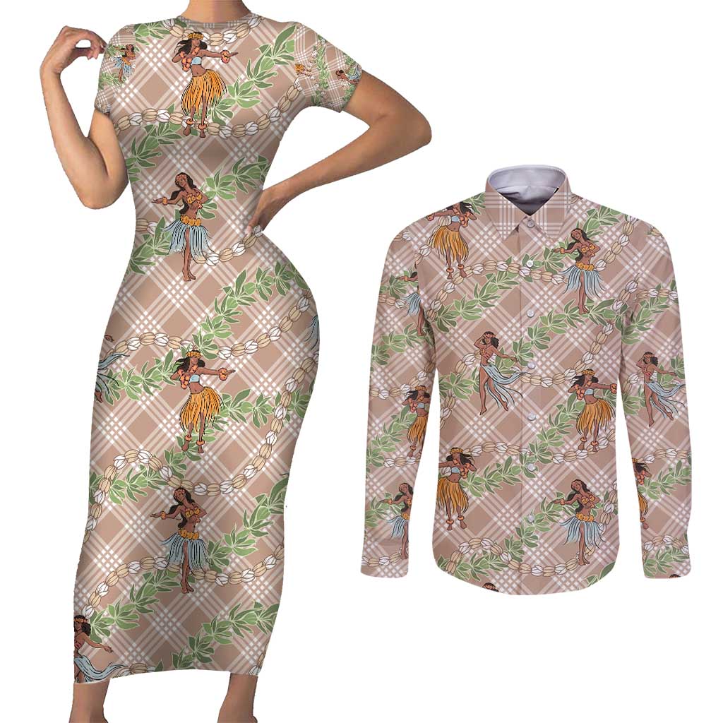 Beige Palaka Hula Girls Seamless Hawaii Aloha Couples Matching Short Sleeve Bodycon Dress and Long Sleeve Button Shirt - Polynesian Pride