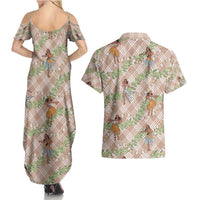 Beige Palaka Hula Girls Seamless Hawaii Aloha Couples Matching Summer Maxi Dress and Hawaiian Shirt - Polynesian Pride