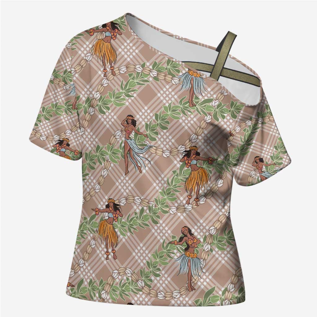 Beige Palaka Hula Girls Seamless Hawaii Aloha Cross Shoulder Shirt - Polynesian Pride