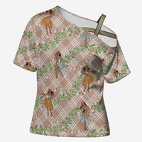 Beige Palaka Hula Girls Seamless Hawaii Aloha Cross Shoulder Shirt - Polynesian Pride