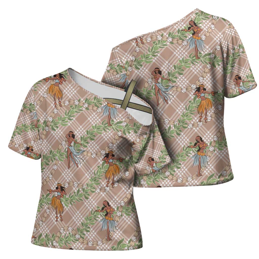 Beige Palaka Hula Girls Seamless Hawaii Aloha Cross Shoulder Shirt - Polynesian Pride