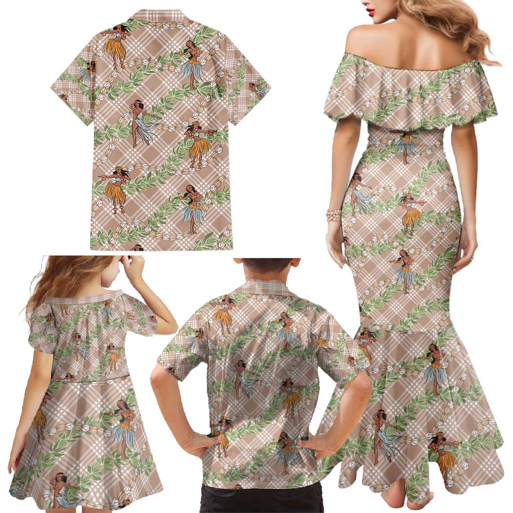 Beige Palaka Hula Girls Seamless Hawaii Aloha Family Matching Mermaid Dress and Hawaiian Shirt - Polynesian Pride
