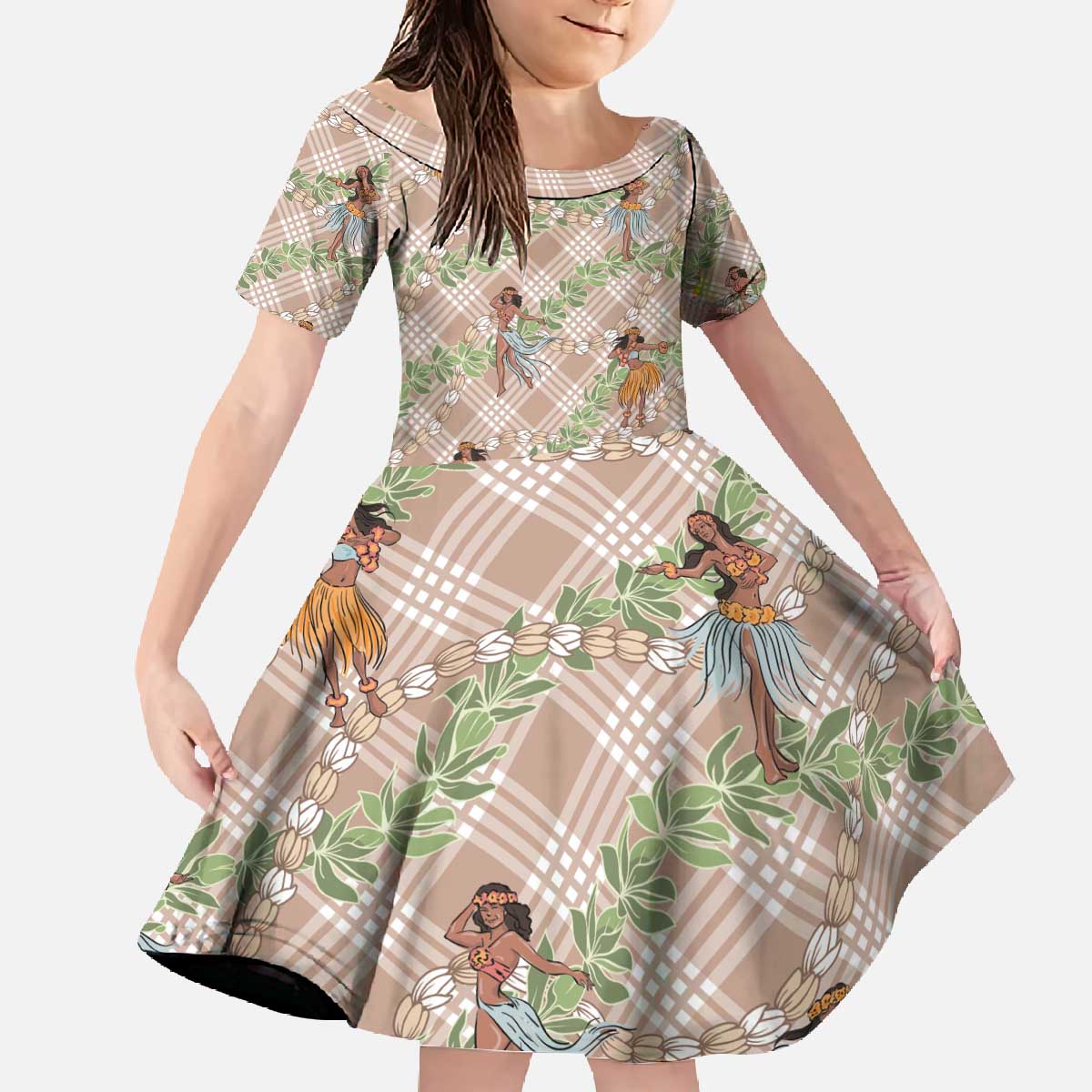 Beige Palaka Hula Girls Seamless Hawaii Aloha Family Matching Off The Shoulder Long Sleeve Dress and Hawaiian Shirt - Polynesian Pride