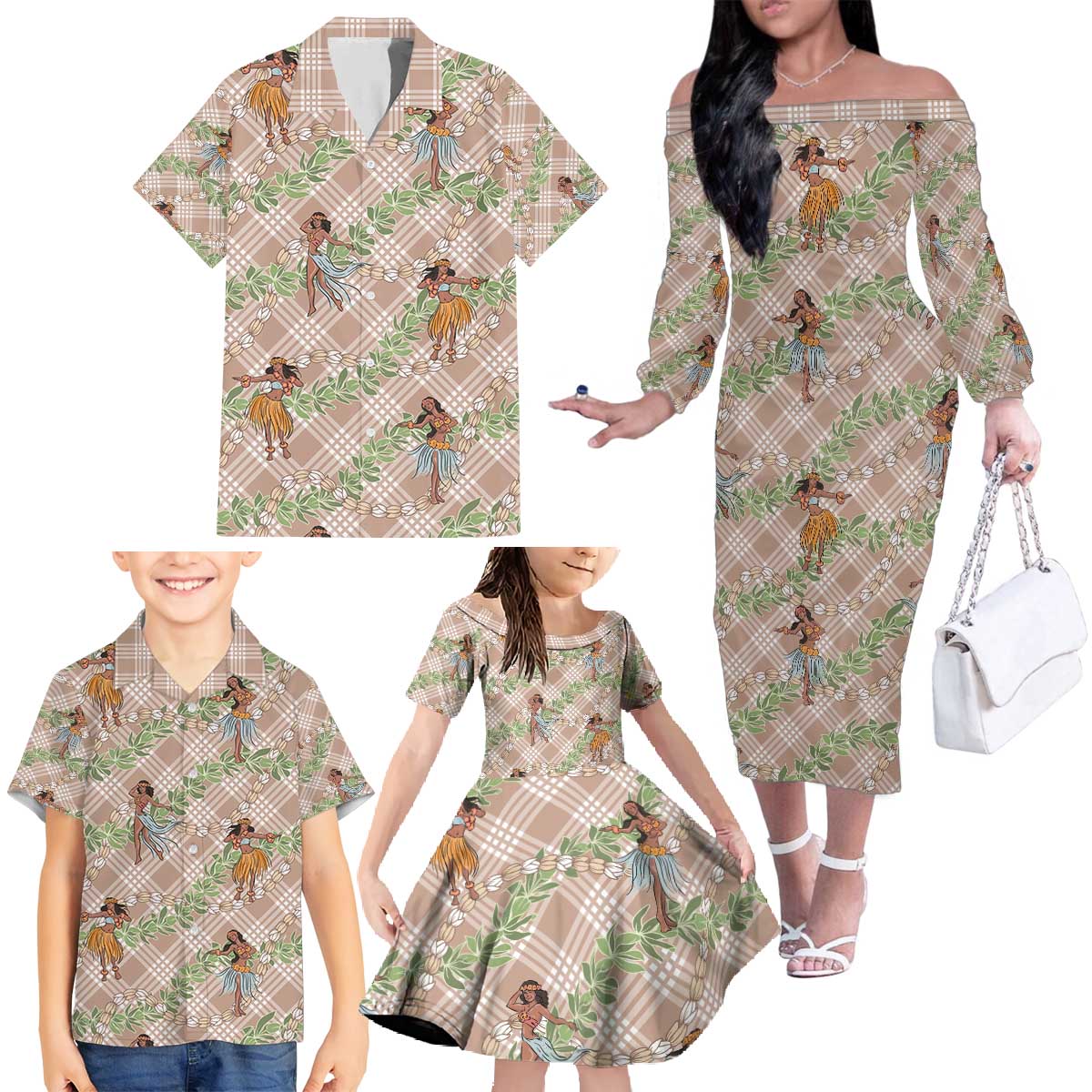 Beige Palaka Hula Girls Seamless Hawaii Aloha Family Matching Off The Shoulder Long Sleeve Dress and Hawaiian Shirt - Polynesian Pride