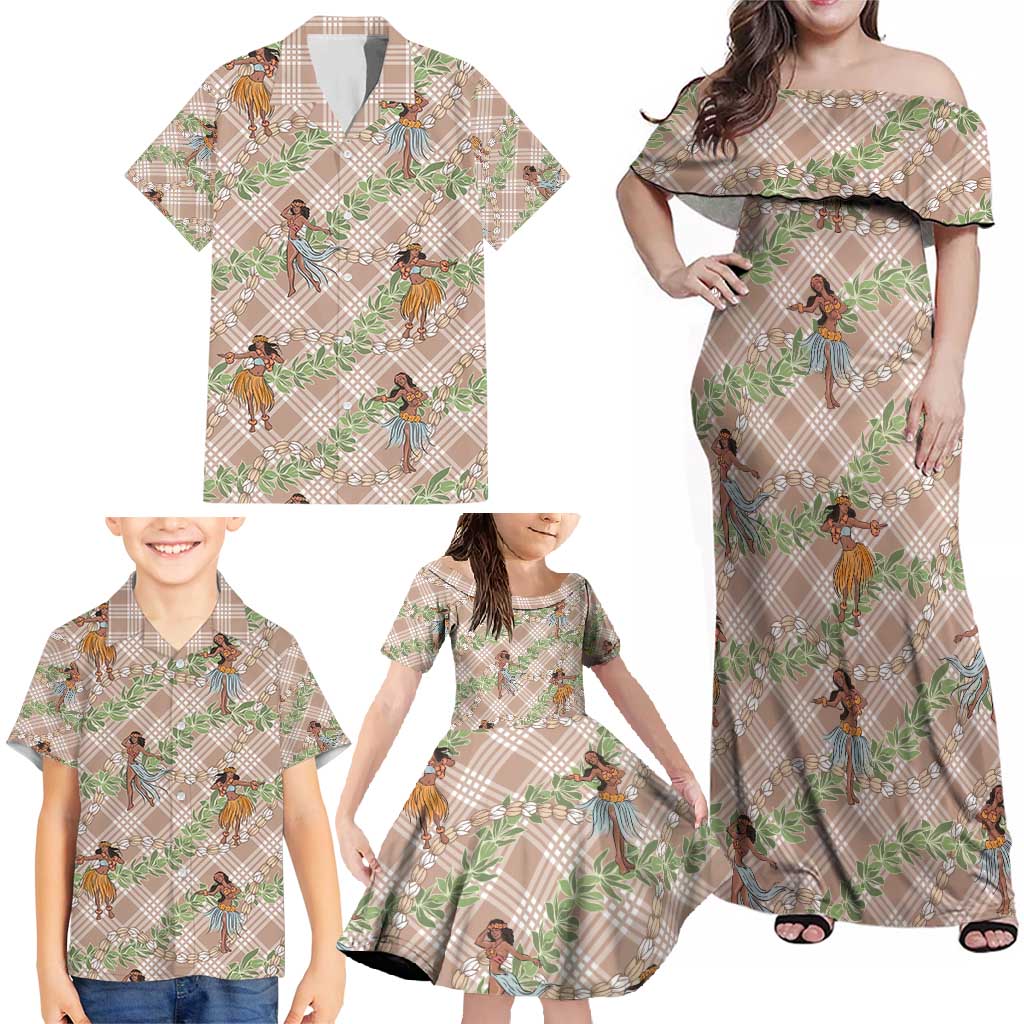 Beige Palaka Hula Girls Seamless Hawaii Aloha Family Matching Off Shoulder Maxi Dress and Hawaiian Shirt - Polynesian Pride
