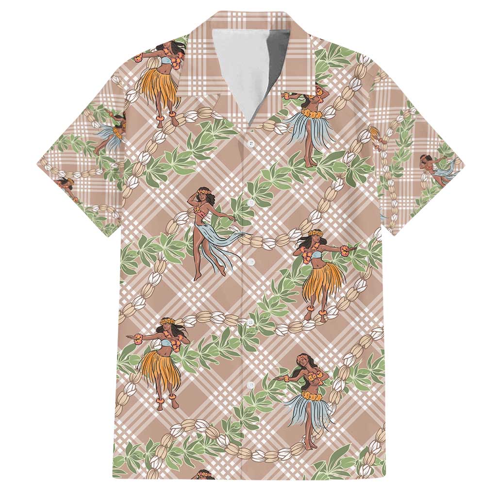 Beige Palaka Hula Girls Seamless Hawaii Aloha Family Matching Off Shoulder Short Dress and Hawaiian Shirt - Polynesian Pride