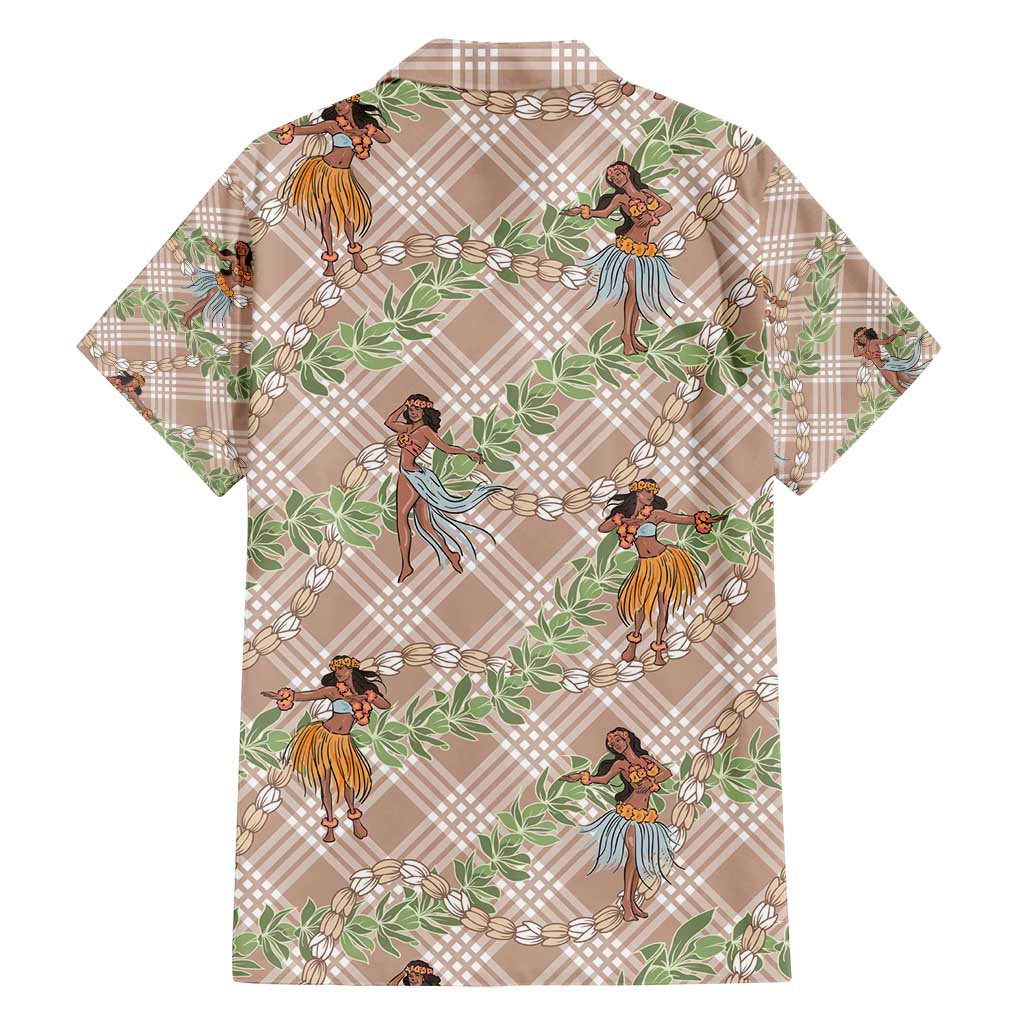 Beige Palaka Hula Girls Seamless Hawaii Aloha Family Matching Off Shoulder Short Dress and Hawaiian Shirt - Polynesian Pride