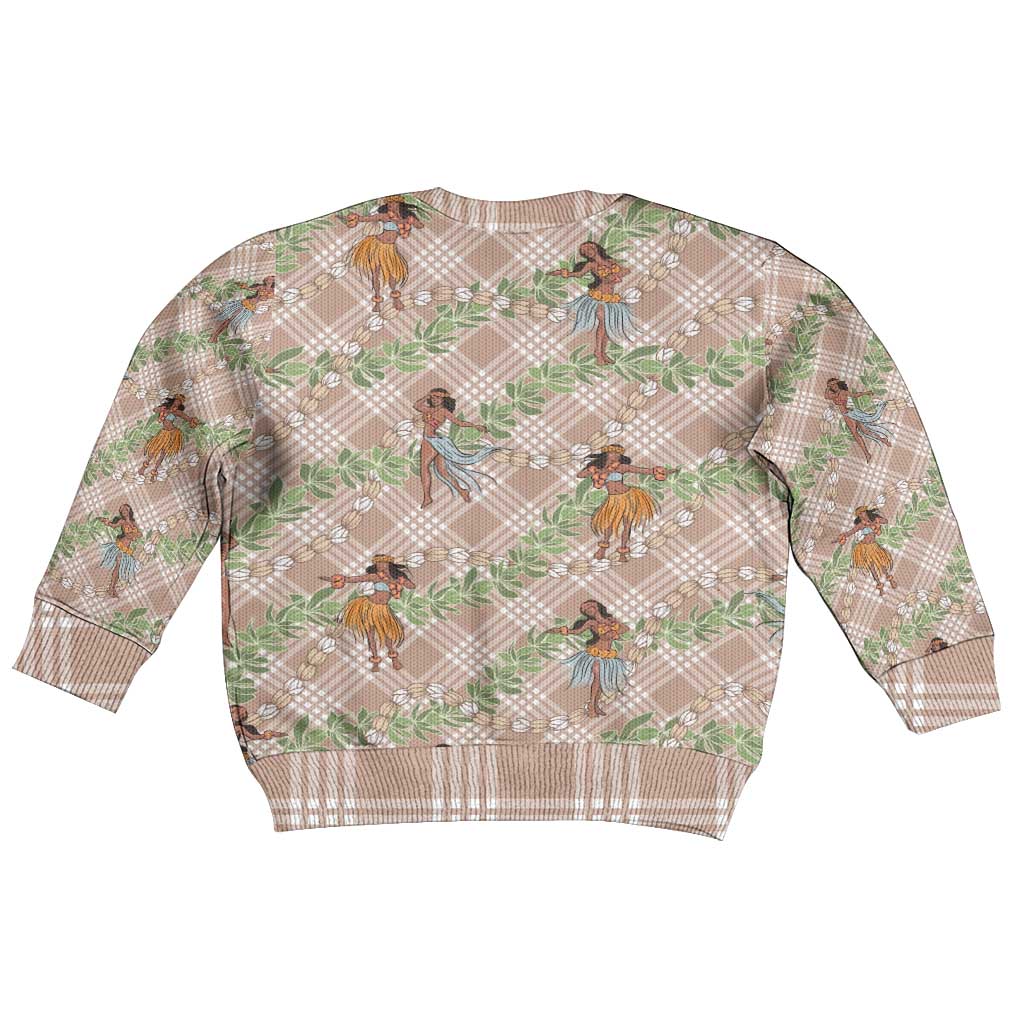 Beige Palaka Hula Girls Seamless Hawaii Aloha Kid Ugly Christmas Sweater - Polynesian Pride