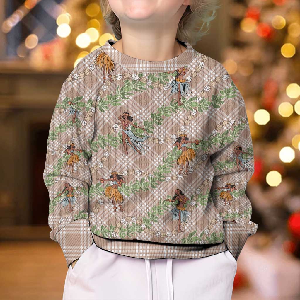 Beige Palaka Hula Girls Seamless Hawaii Aloha Kid Ugly Christmas Sweater - Polynesian Pride