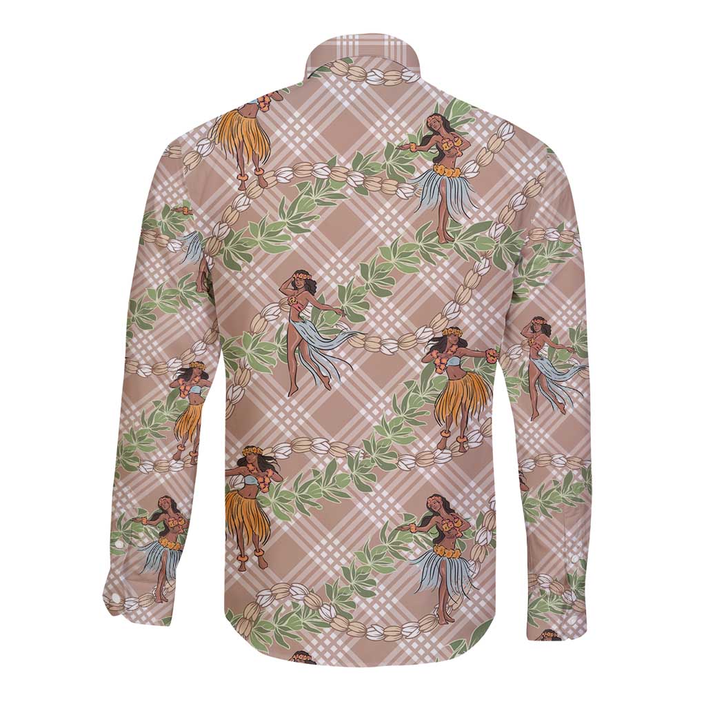 Beige Palaka Hula Girls Seamless Hawaii Aloha Long Sleeve Button Shirt - Polynesian Pride