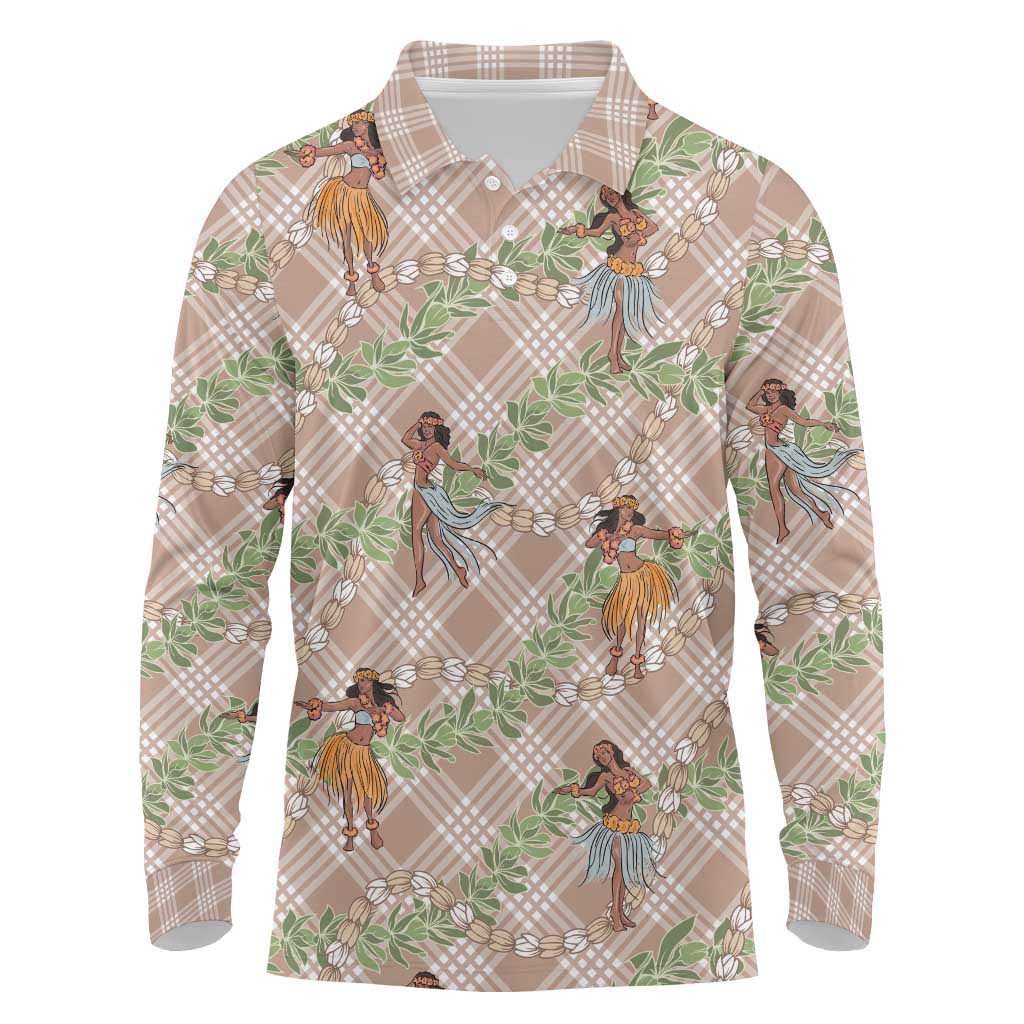 Beige Palaka Hula Girls Seamless Hawaii Aloha Long Sleeve Polo Shirt - Polynesian Pride