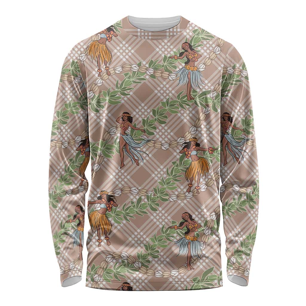 Beige Palaka Hula Girls Seamless Hawaii Aloha Long Sleeve Shirt - Polynesian Pride
