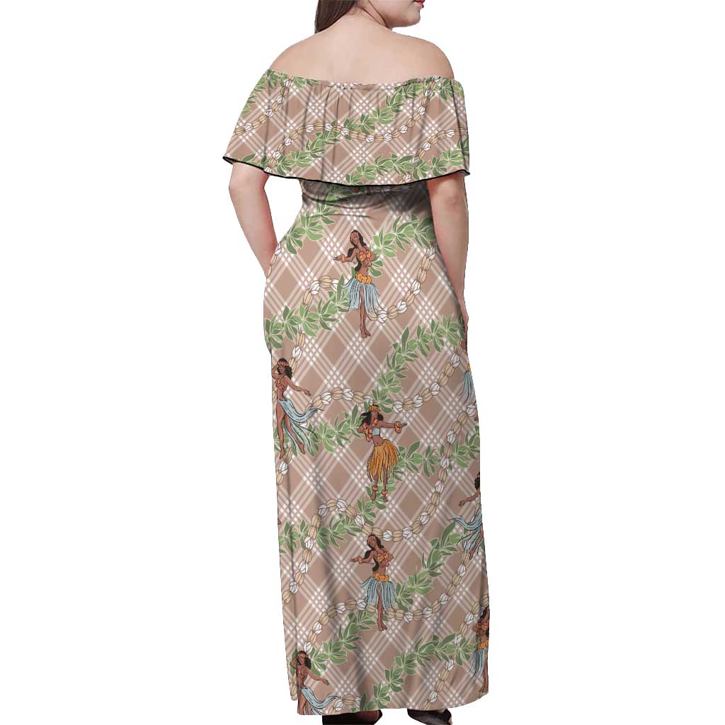 Beige Palaka Hula Girls Seamless Hawaii Aloha Off Shoulder Maxi Dress - Polynesian Pride