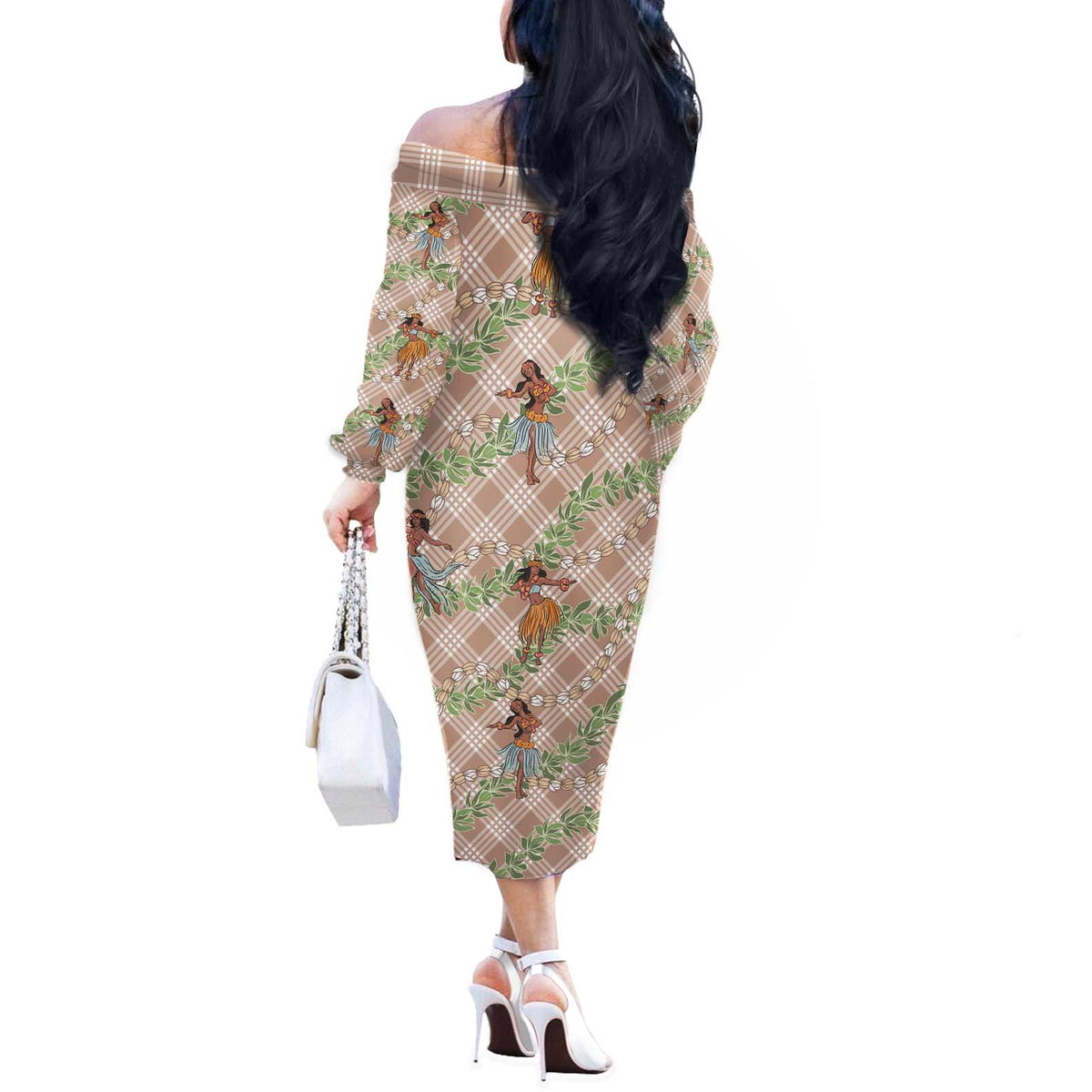 Beige Palaka Hula Girls Seamless Hawaii Aloha Off The Shoulder Long Sleeve Dress - Polynesian Pride