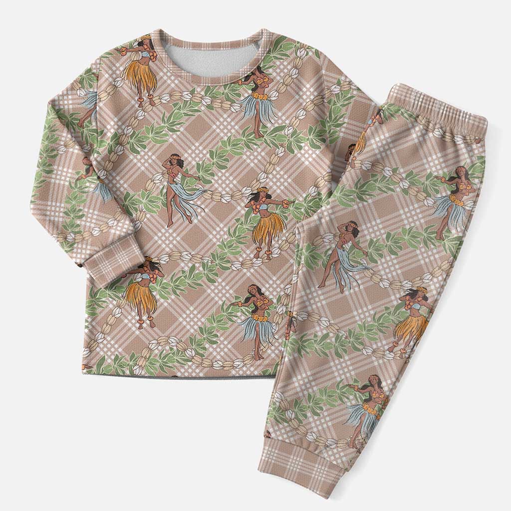 Beige Palaka Hula Girls Seamless Hawaii Aloha Christmas Pajama Set - Polynesian Pride