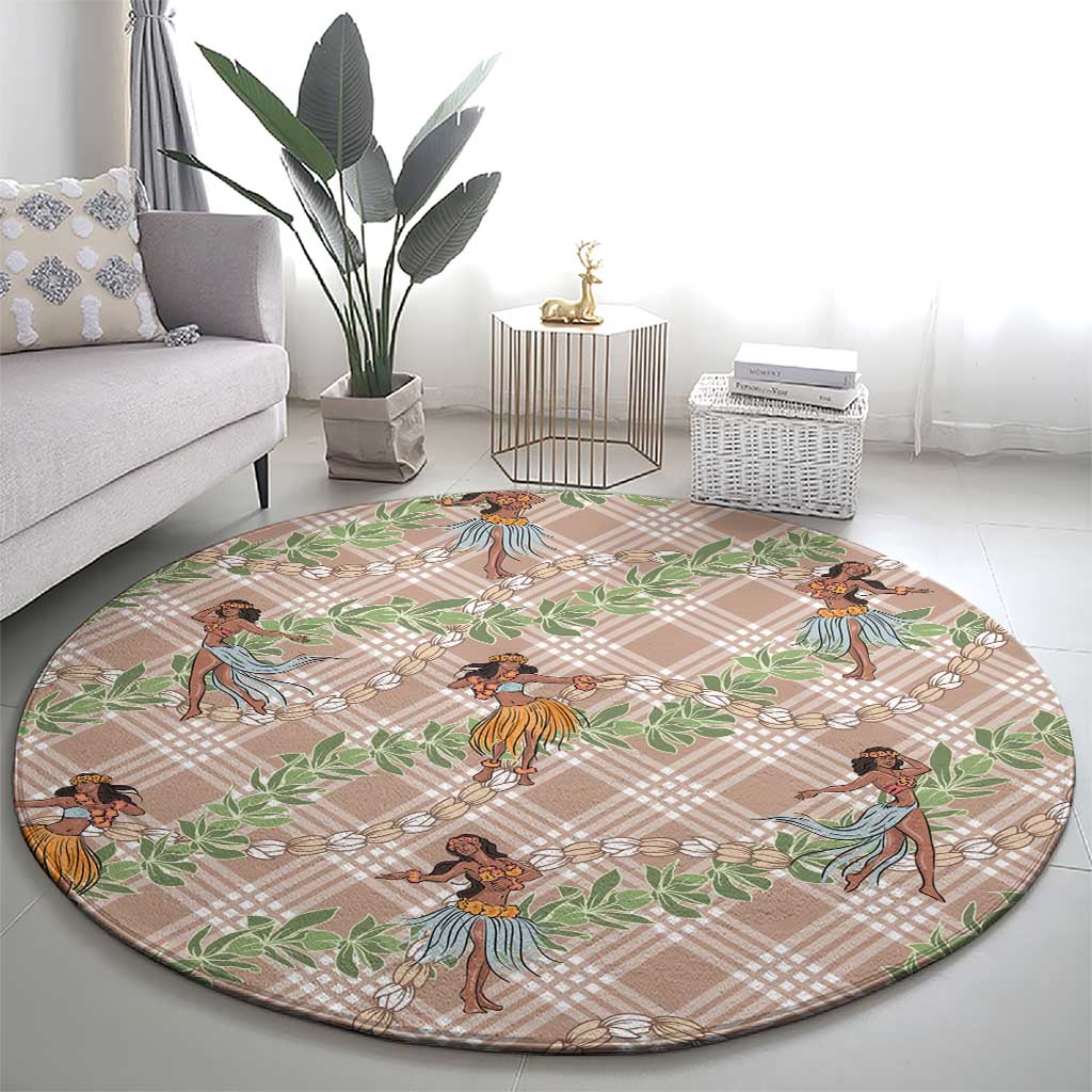 Beige Palaka Hula Girls Seamless Hawaii Aloha Round Carpet - Polynesian Pride