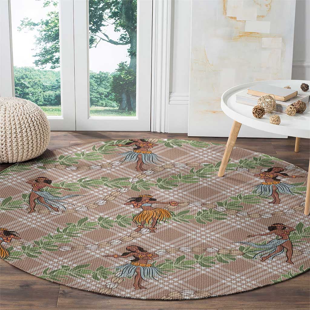 Beige Palaka Hula Girls Seamless Hawaii Aloha Round Carpet - Polynesian Pride