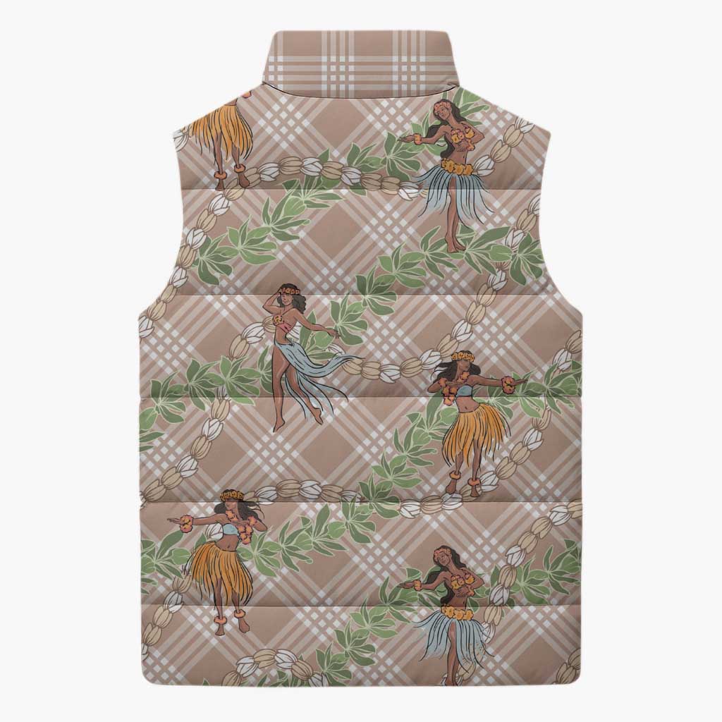 Beige Palaka Hula Girls Seamless Hawaii Aloha Sleeveless Puffer Jacket - Polynesian Pride