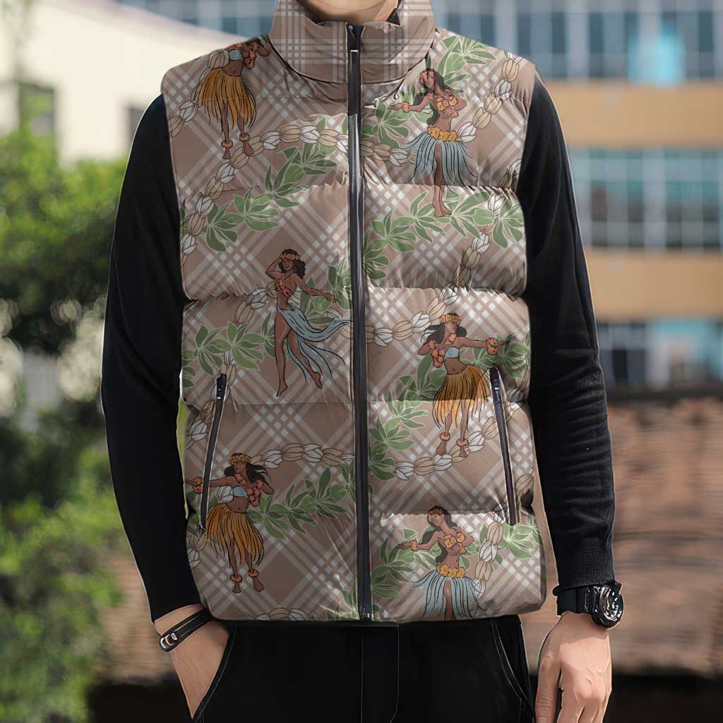 Beige Palaka Hula Girls Seamless Hawaii Aloha Sleeveless Puffer Jacket - Polynesian Pride