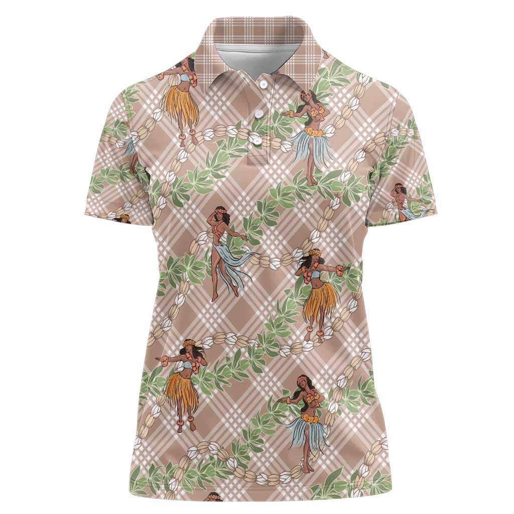 Beige Palaka Hula Girls Seamless Hawaii Aloha Women Polo Shirt - Polynesian Pride