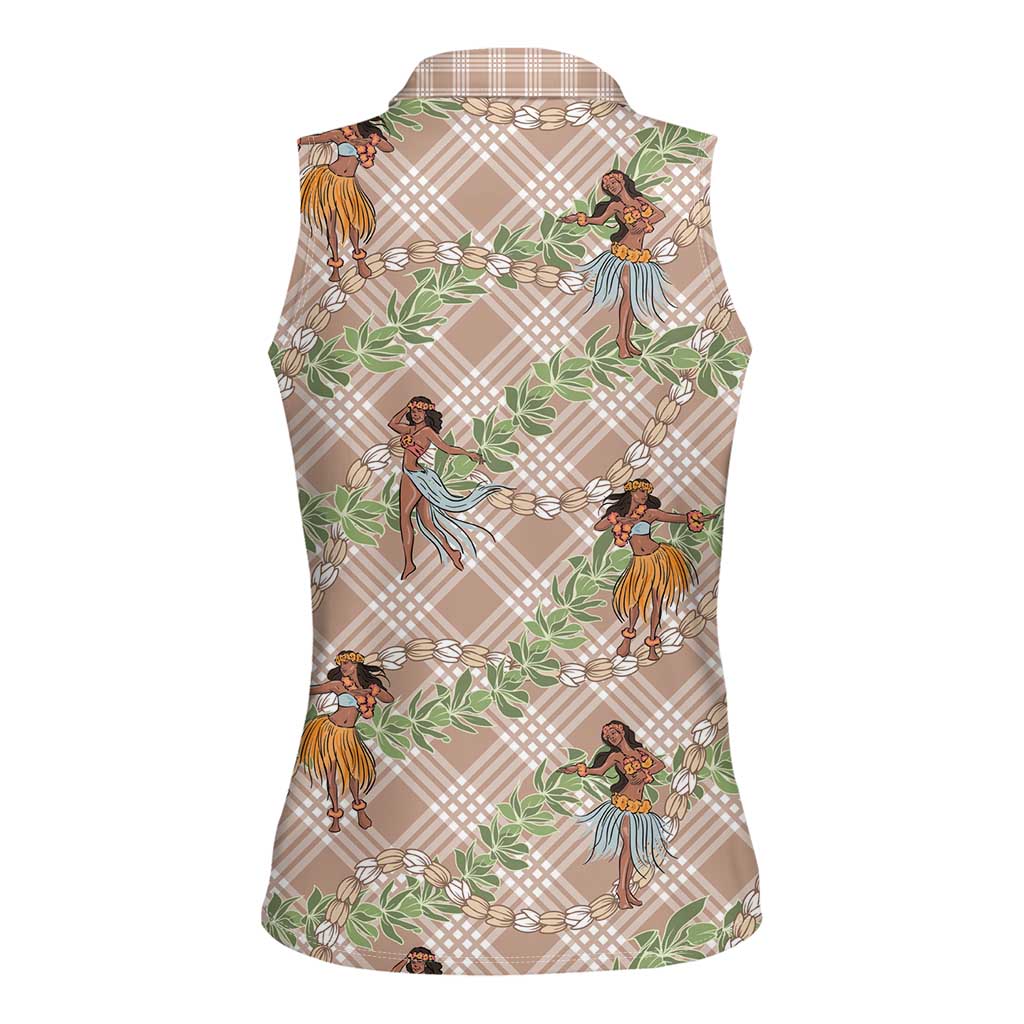 Beige Palaka Hula Girls Seamless Hawaii Aloha Women Sleeveless Polo Shirt - Polynesian Pride