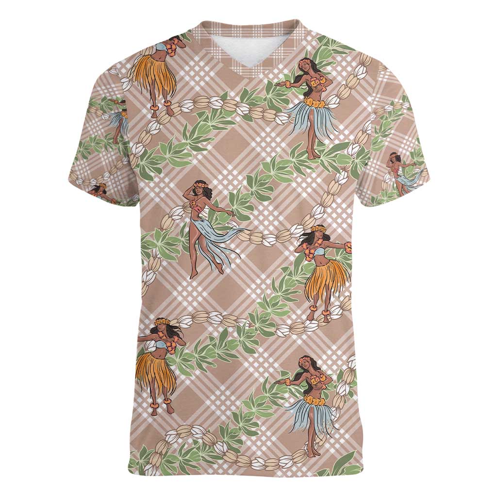 Beige Palaka Hula Girls Seamless Hawaii Aloha Women V-Neck T-Shirt - Polynesian Pride