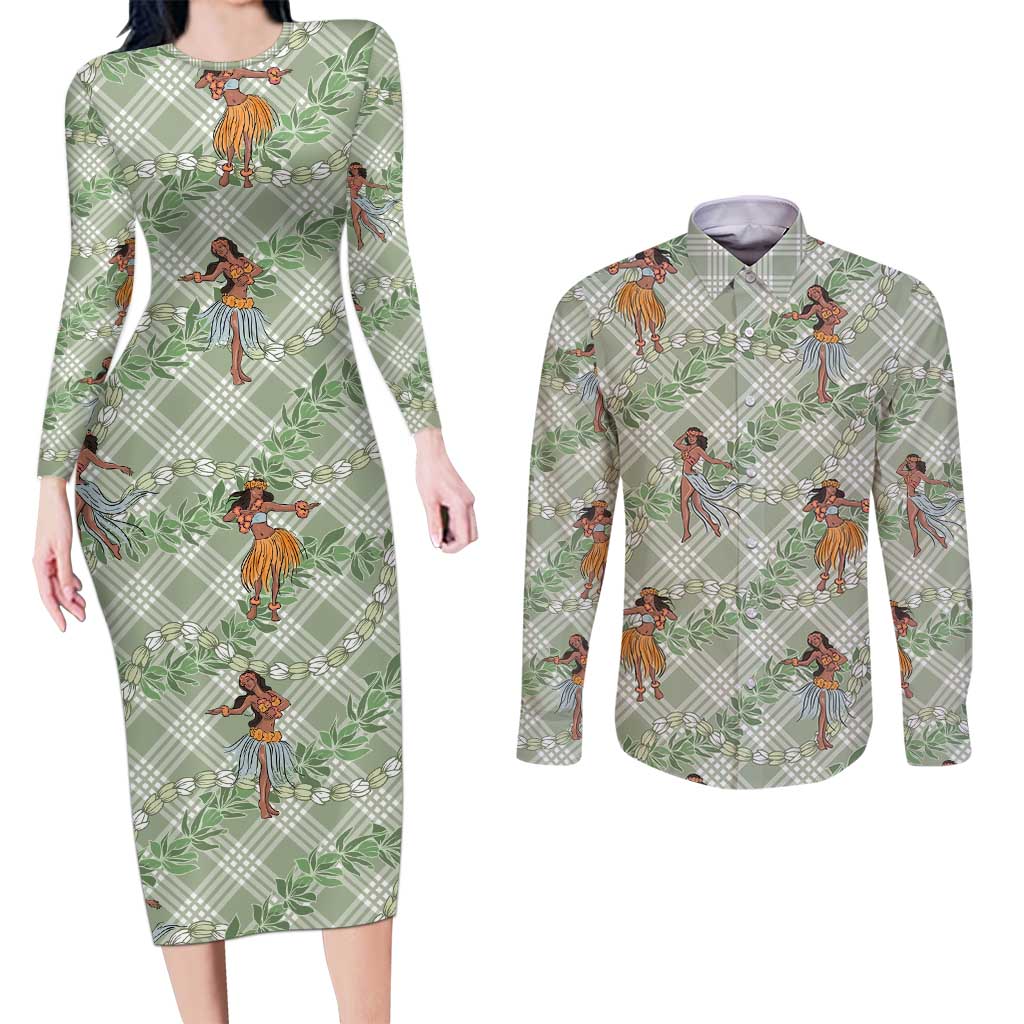 Mint Palaka Hula Girls Seamless Hawaii Aloha Couples Matching Long Sleeve Bodycon Dress and Long Sleeve Button Shirt - Polynesian Pride