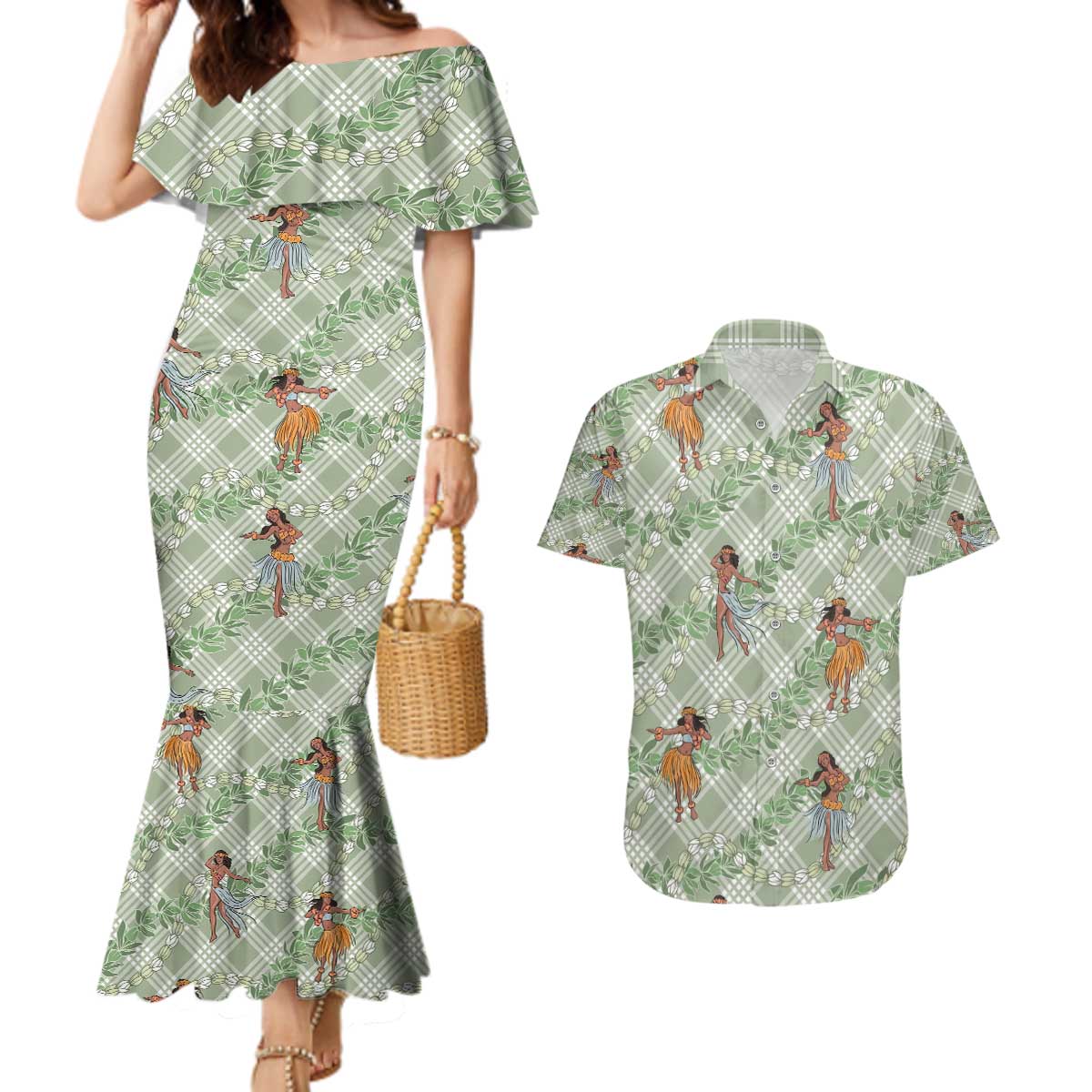 Mint Palaka Hula Girls Seamless Hawaii Aloha Couples Matching Mermaid Dress and Hawaiian Shirt - Polynesian Pride