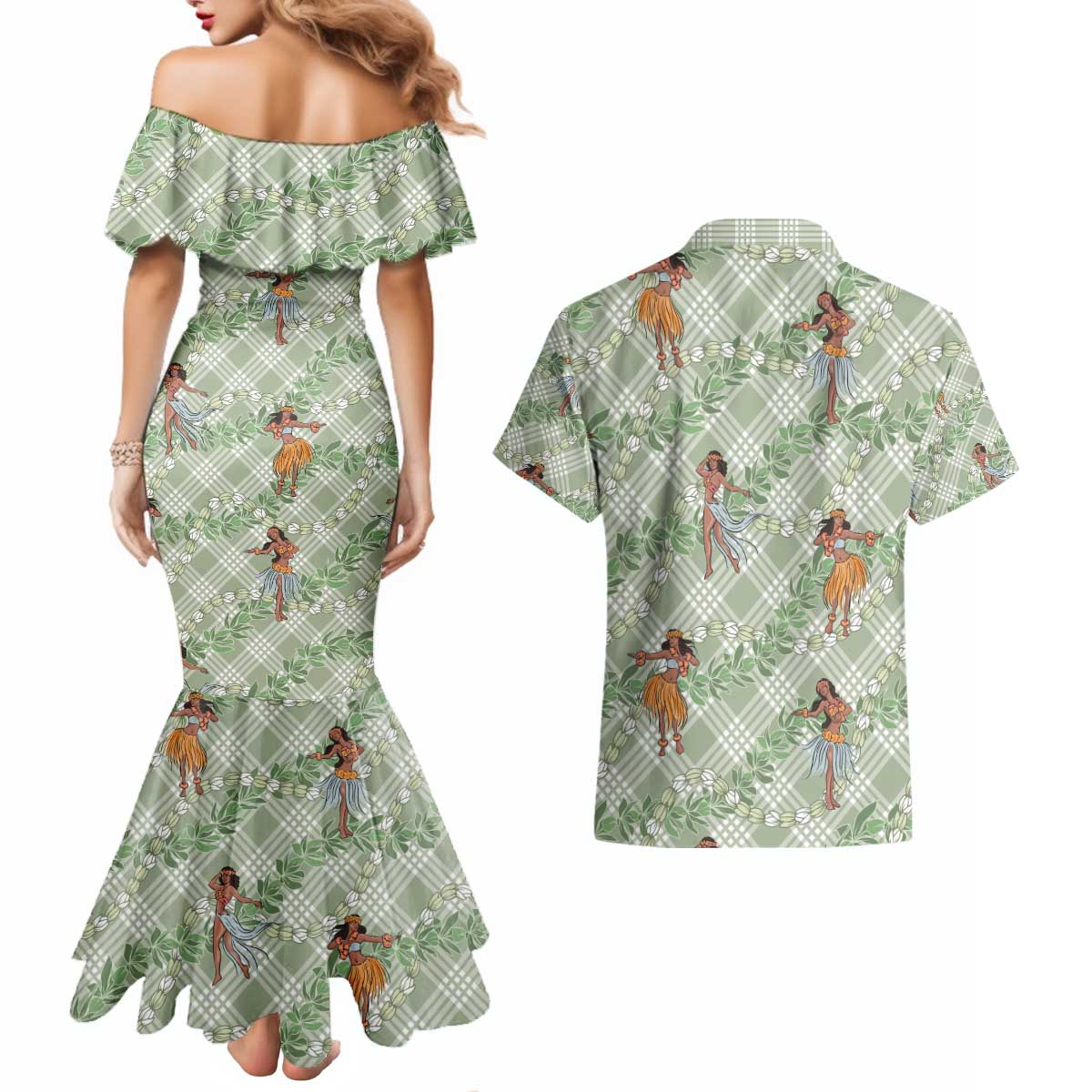 Mint Palaka Hula Girls Seamless Hawaii Aloha Couples Matching Mermaid Dress and Hawaiian Shirt - Polynesian Pride