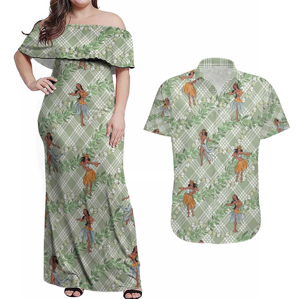 Mint Palaka Hula Girls Seamless Hawaii Aloha Couples Matching Off Shoulder Maxi Dress and Hawaiian Shirt - Polynesian Pride