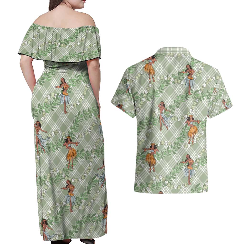 Mint Palaka Hula Girls Seamless Hawaii Aloha Couples Matching Off Shoulder Maxi Dress and Hawaiian Shirt - Polynesian Pride
