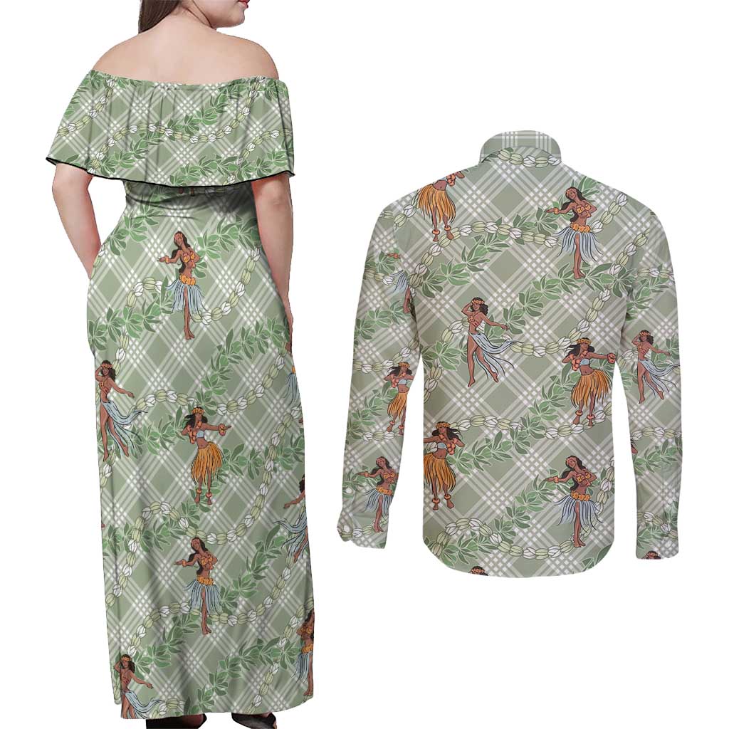 Mint Palaka Hula Girls Seamless Hawaii Aloha Couples Matching Off Shoulder Maxi Dress and Long Sleeve Button Shirt - Polynesian Pride