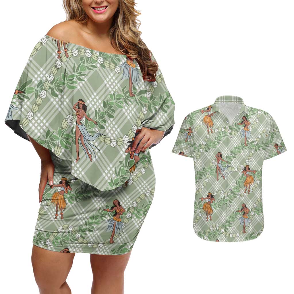 Mint Palaka Hula Girls Seamless Hawaii Aloha Couples Matching Off Shoulder Short Dress and Hawaiian Shirt - Polynesian Pride