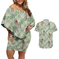 Mint Palaka Hula Girls Seamless Hawaii Aloha Couples Matching Off Shoulder Short Dress and Hawaiian Shirt - Polynesian Pride
