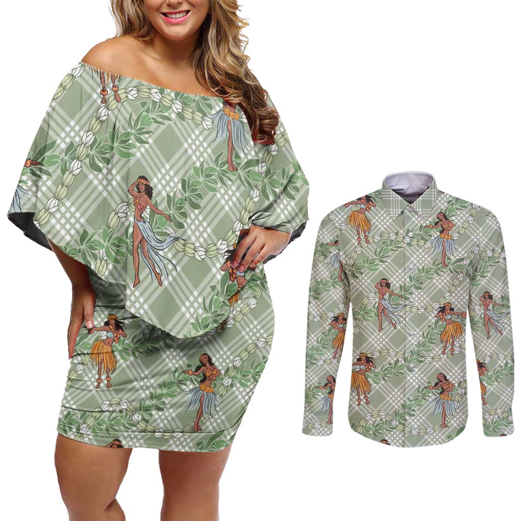Mint Palaka Hula Girls Seamless Hawaii Aloha Couples Matching Off Shoulder Short Dress and Long Sleeve Button Shirt - Polynesian Pride