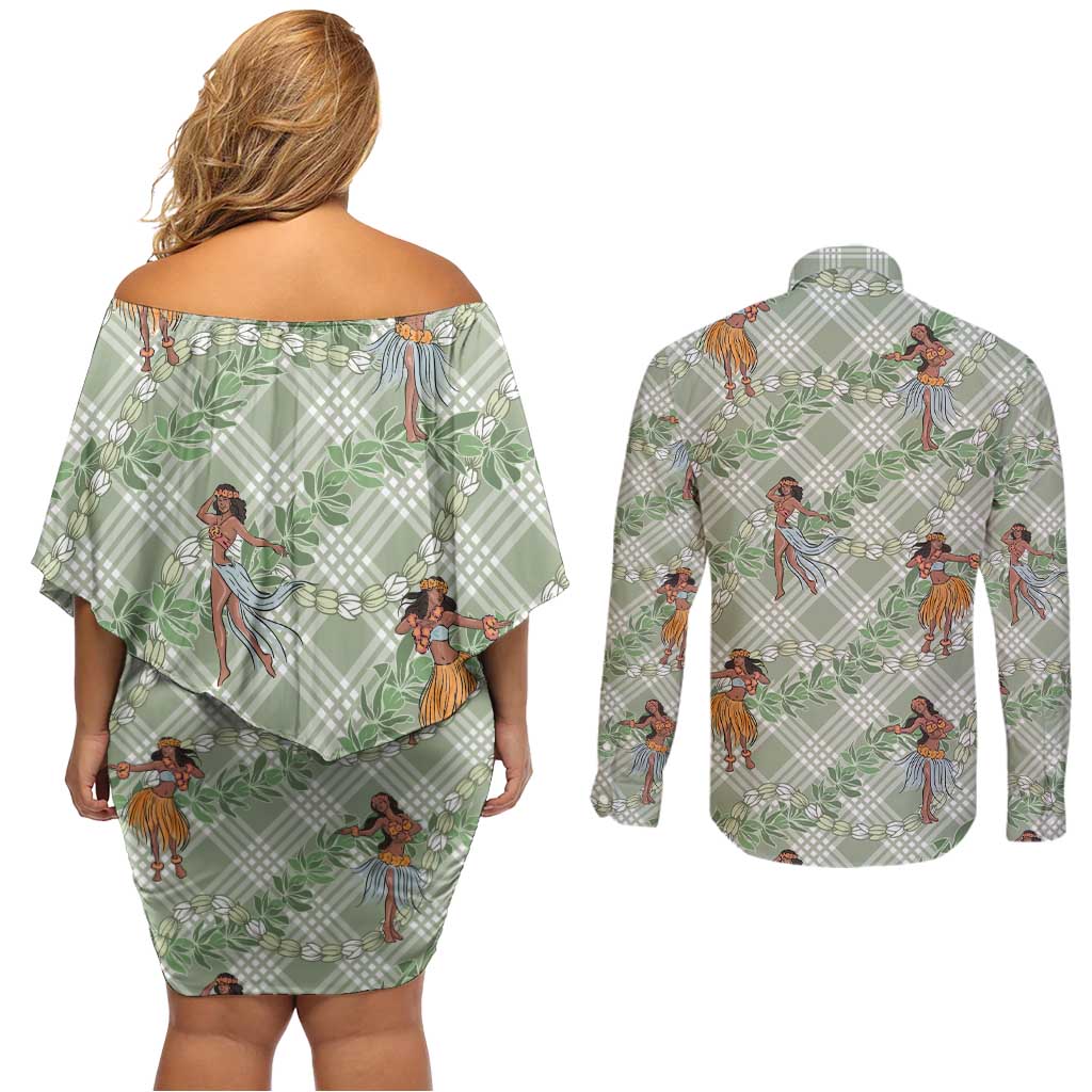 Mint Palaka Hula Girls Seamless Hawaii Aloha Couples Matching Off Shoulder Short Dress and Long Sleeve Button Shirt - Polynesian Pride