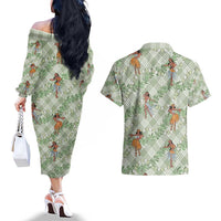 Mint Palaka Hula Girls Seamless Hawaii Aloha Couples Matching Off The Shoulder Long Sleeve Dress and Hawaiian Shirt - Polynesian Pride
