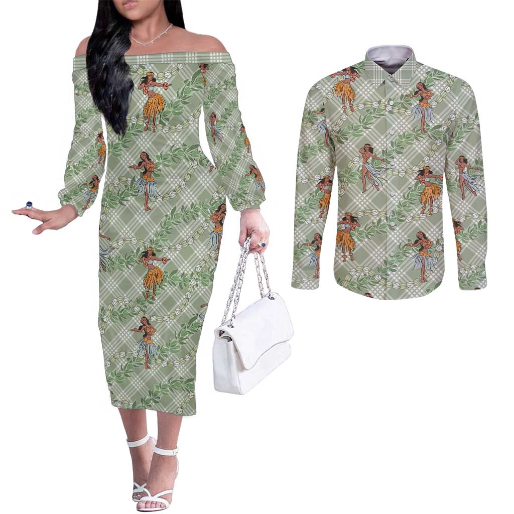 Mint Palaka Hula Girls Seamless Hawaii Aloha Couples Matching Off The Shoulder Long Sleeve Dress and Long Sleeve Button Shirt - Polynesian Pride